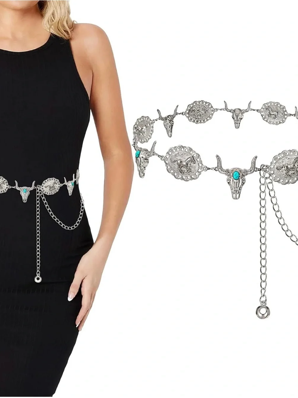 NWT Western Silver-Tone Concho Cow Skull Chain Belt with Turquoise Accents